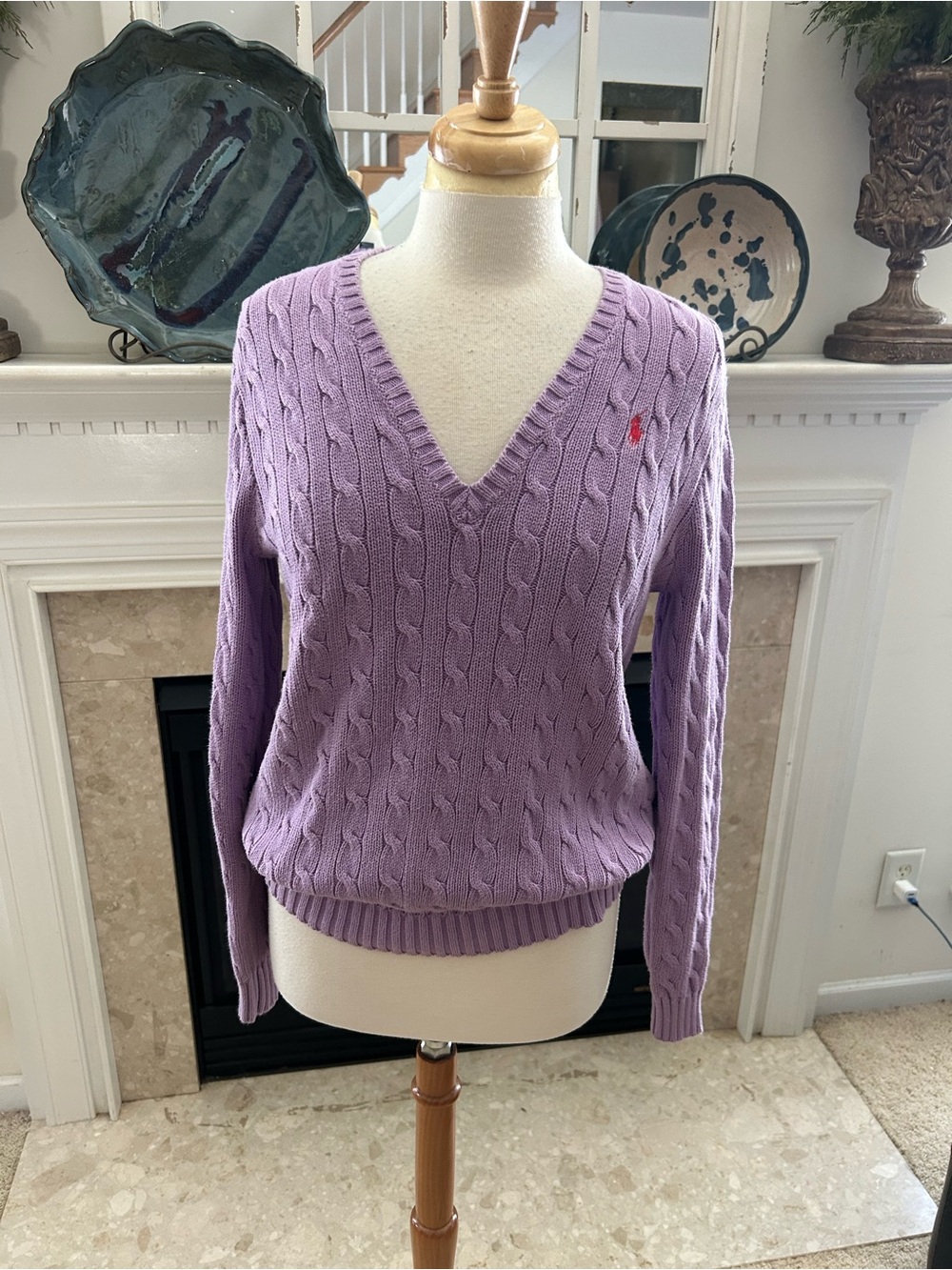 Ralph Lauren Lavender Cable-Knit V-Neck Sweater